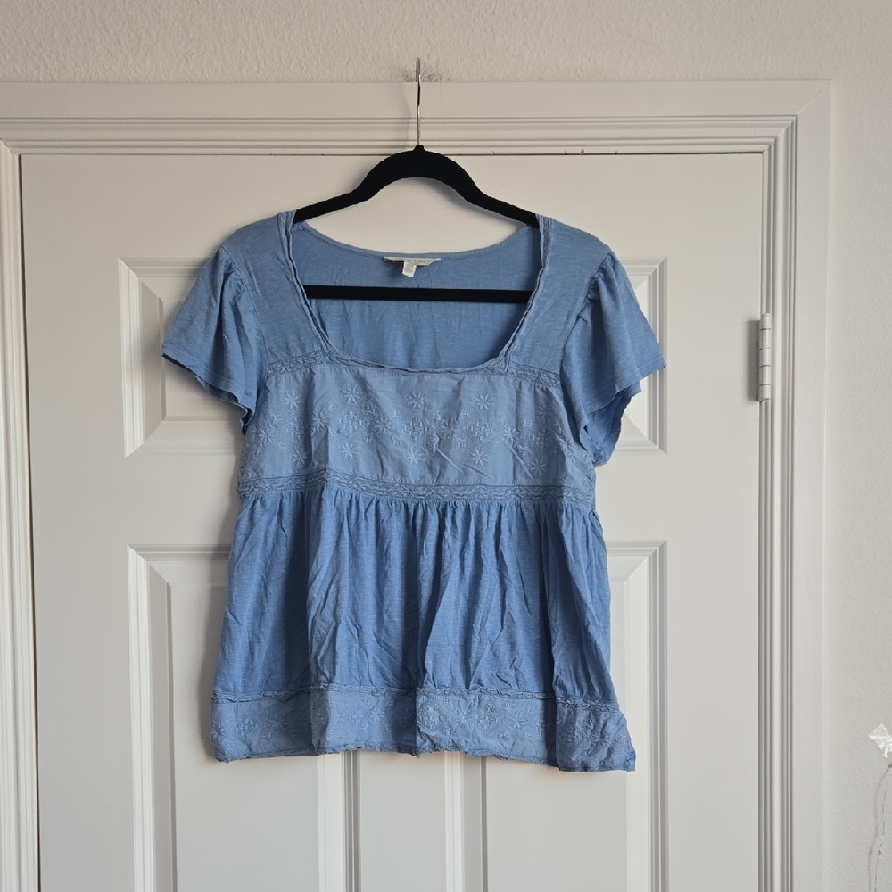 Blue Embroidered Square-Neck Women’s Top